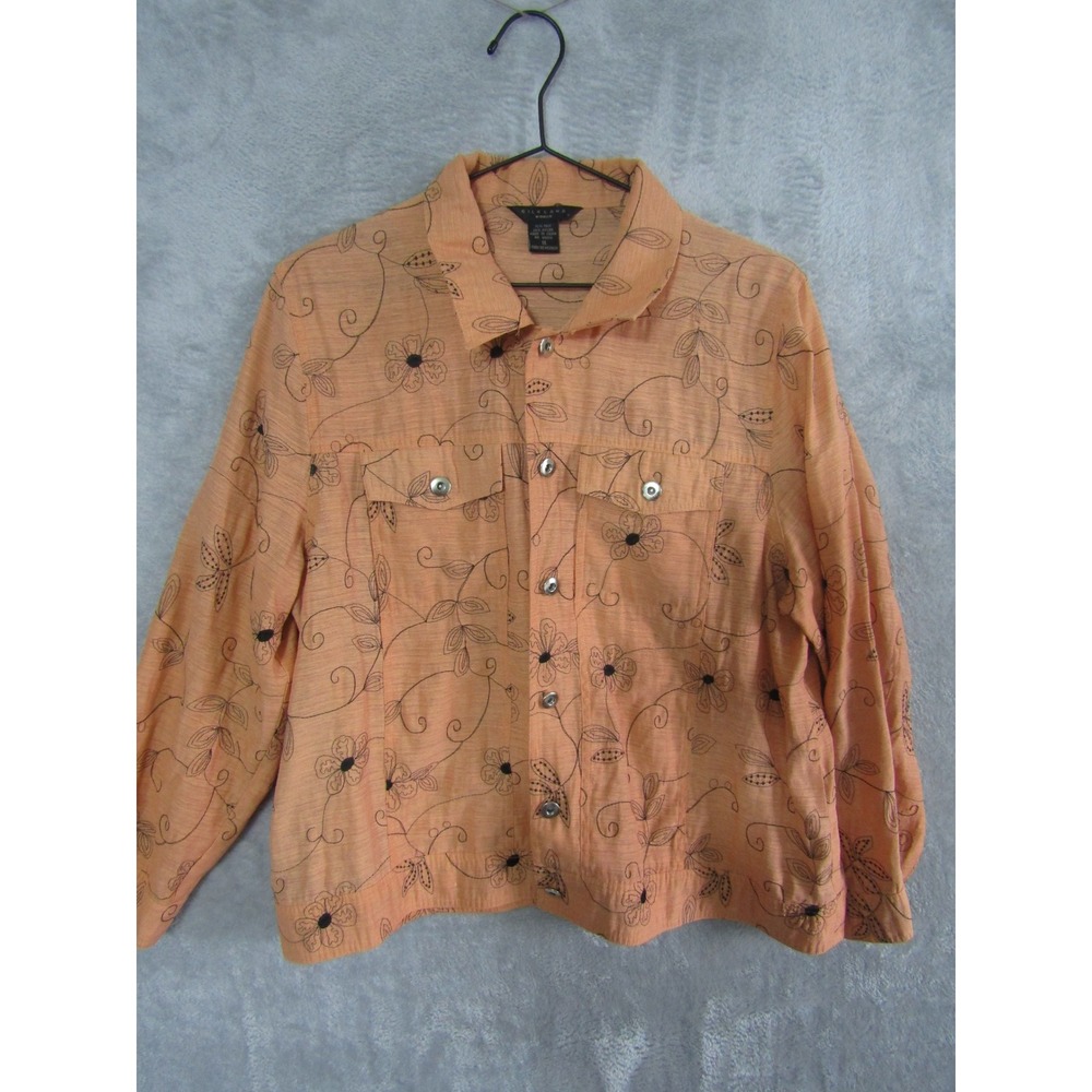 SILKLAND WOMAN Peach Floral Embroidered Silk Blend‎ Button Down Shirt Jacket 1X